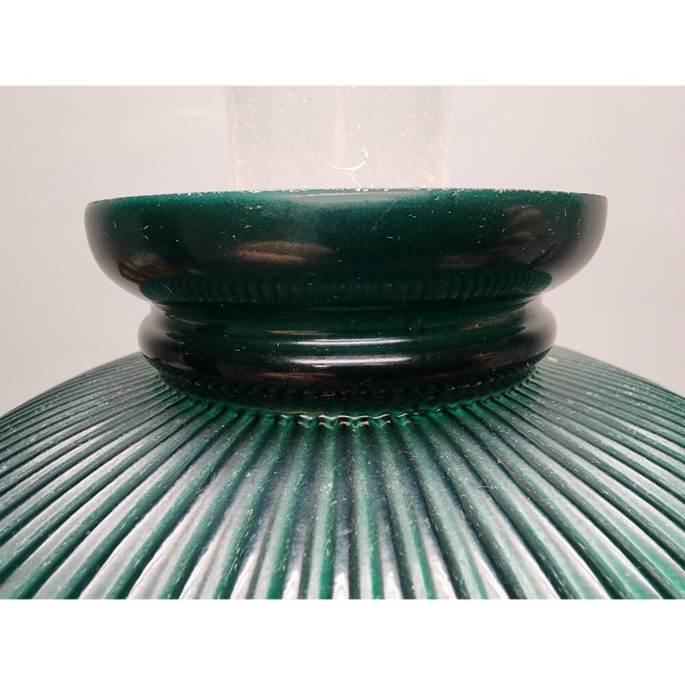 Vintage Electric Oil Lamp w/ Green Ribbed Glass Shade & Brass Burner –20.5" Tall - Picture 13 of 15